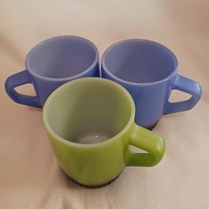 Vintage Anchor Hocking 3 Piece Fire King Mug Set Blue and Green Made in USA